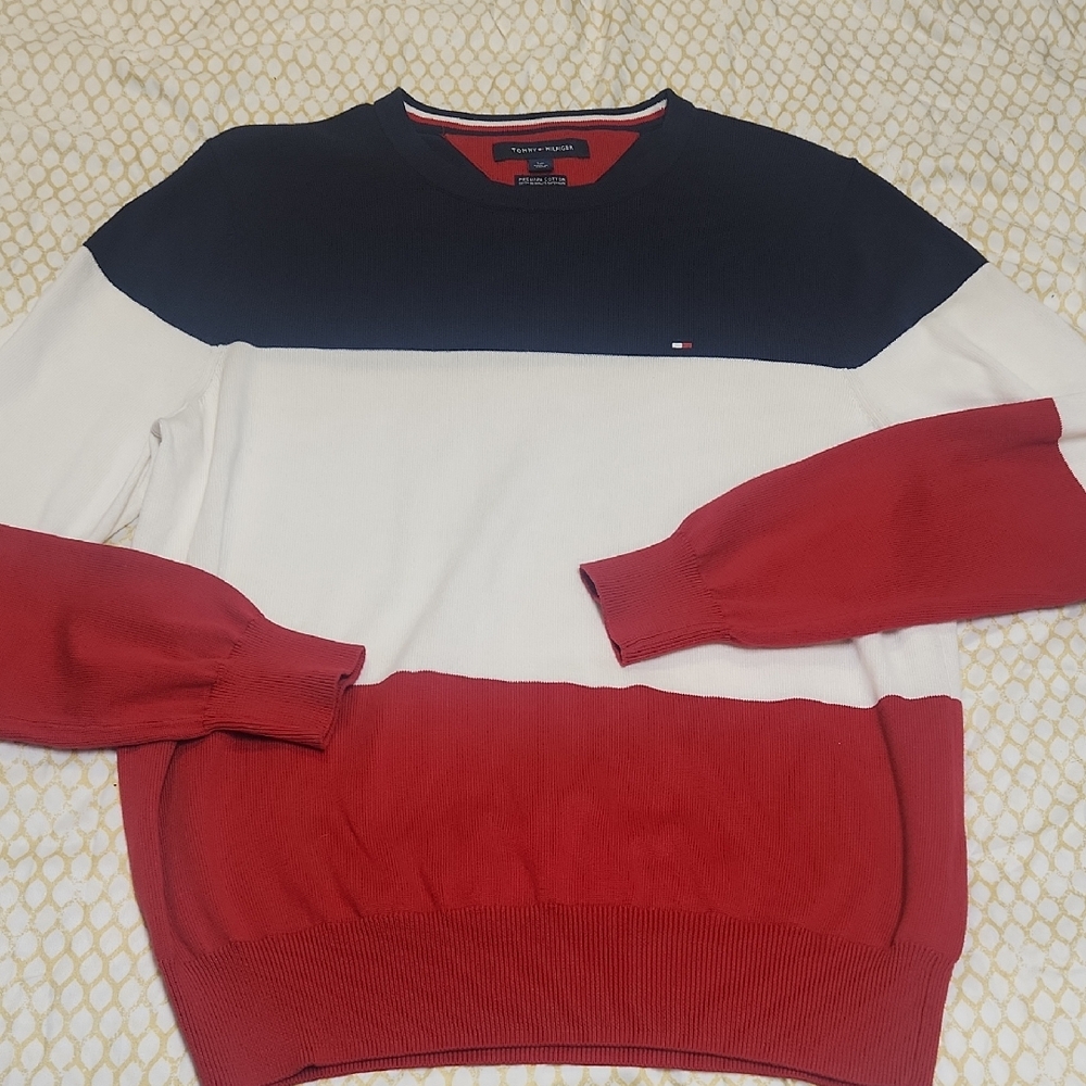 Tommy Hilfiger Red and White Crewneck Sweater, Small